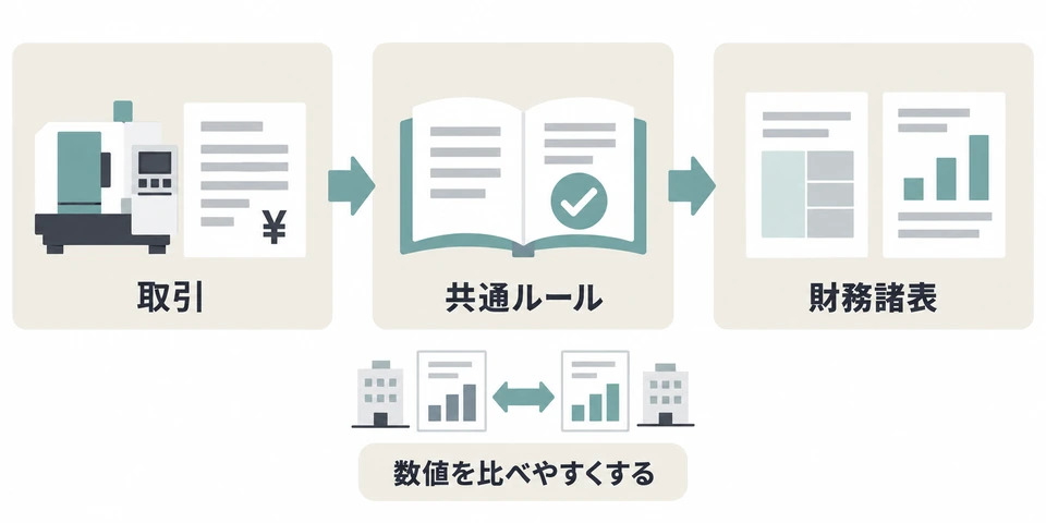 企業の取引を会計基準という共通ルールに沿って財務諸表へ記録し、他社や過去の数値を比べやすくする