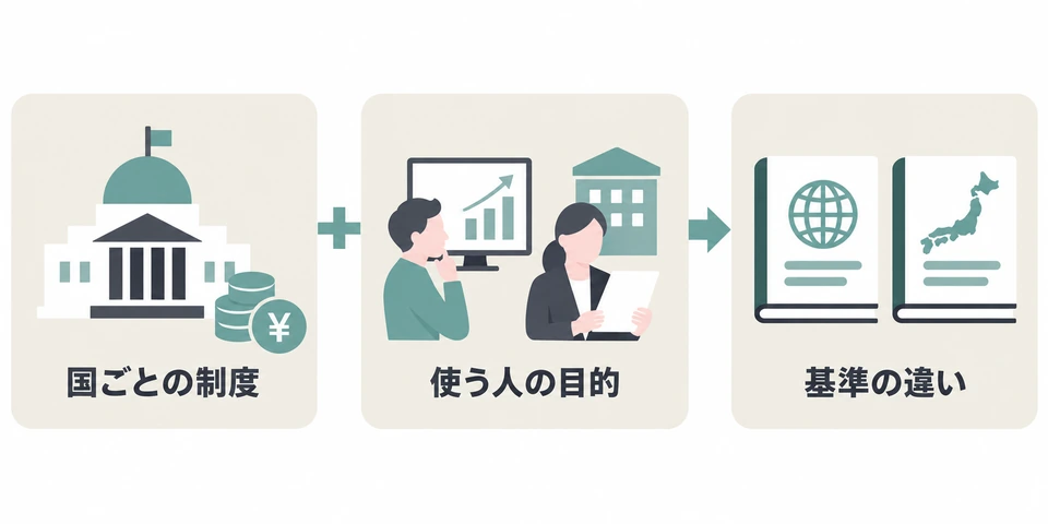 国ごとの制度と財務諸表を使う人の目的の違いが、会計基準の違いにつながる